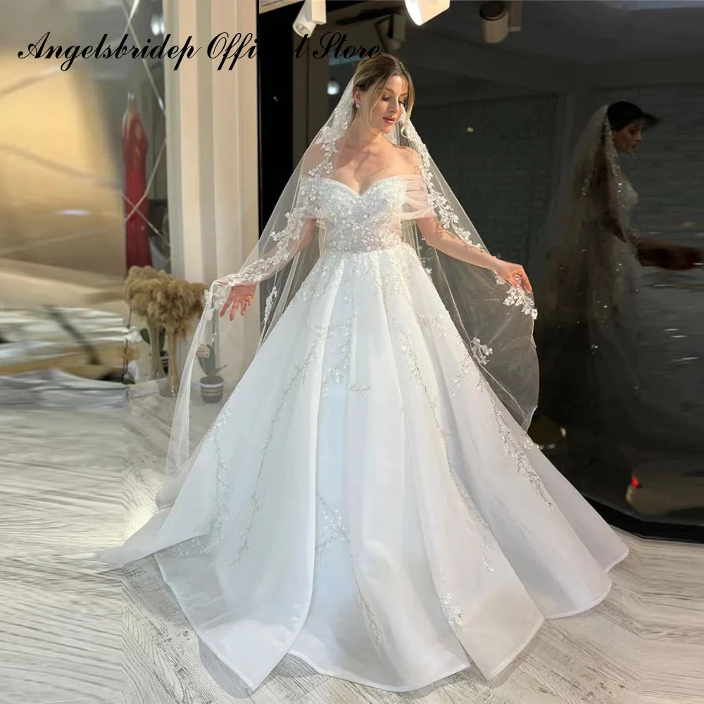 Angelsbridep ใหม่ประณีตลูกไม้ลายดอกชุดราตรีงานแต่ง Dresses Off Shoulder แขนสั้นชุดเจ้าสาวลูกไม้หรือซิปด้านหลัง