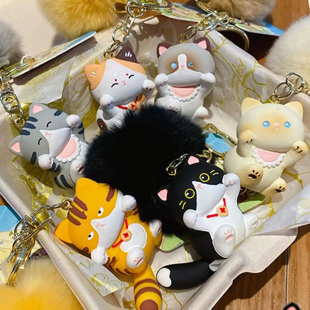 

Creative With Fluffy Fur Ball Vitality Cat Keychain Cute Cartoon Schoolbag Pendant Resin Exquisite Car Key Ring Women