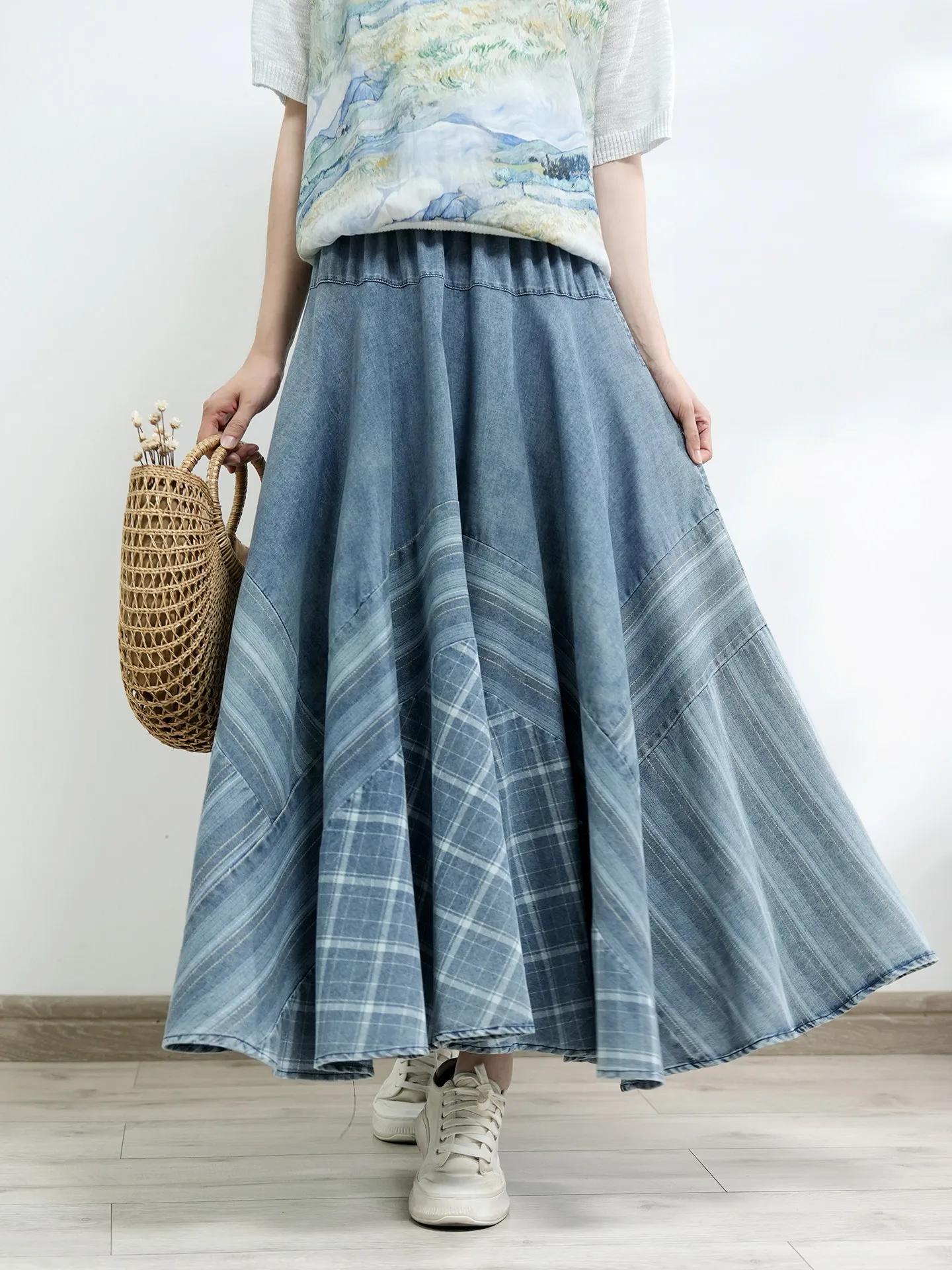 TIYIHAILEY Denim Maxi Skirt Spring Summer Casual A-Line Long Elastic Waist Big Hem Blue Jean 2026 Vintage New Plaid