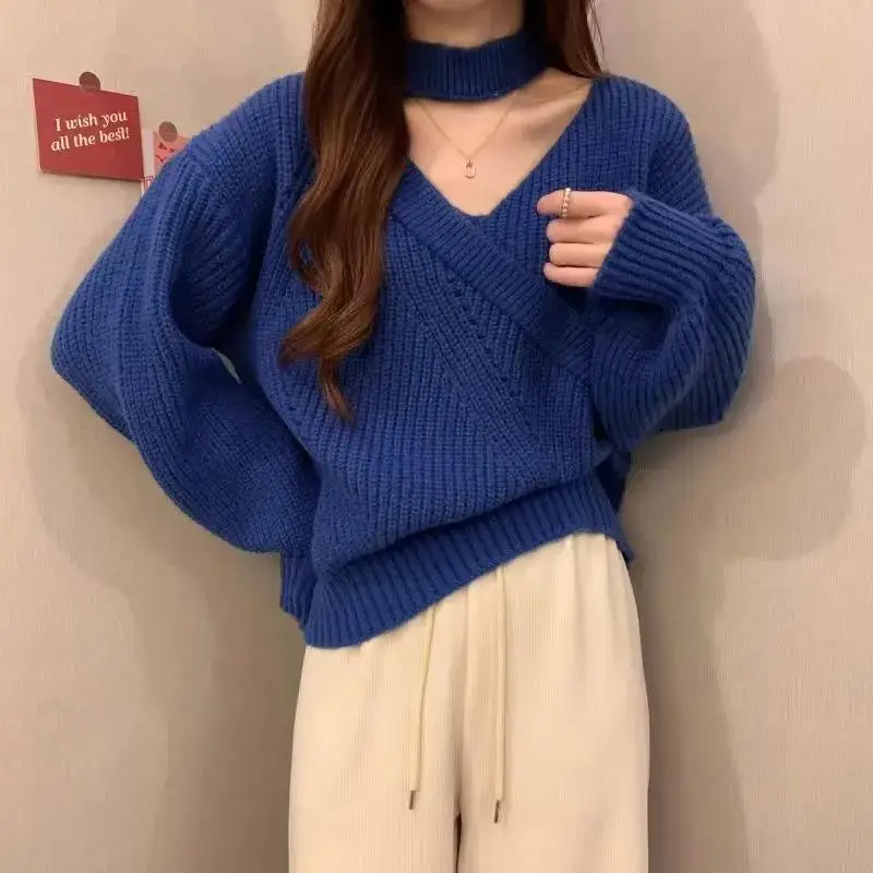 Women\'s Fashionable Hollow Out Solid Color Knitting Loose Halter Long Sleeve Pullovers Autumn Office Lady Irregular Sweater