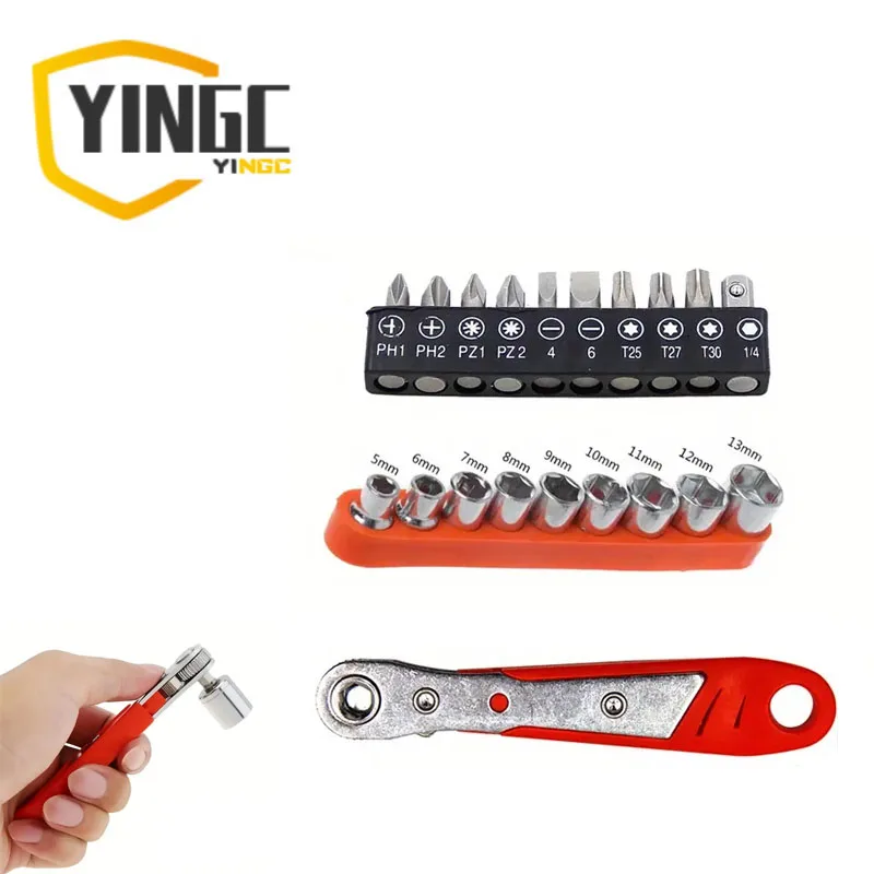 【セール中】Yc 赤い多機能ドライバーのセット、ラチェット、ドライバー、直角ベンダー、クロスヘッドセットを含む 20 ピースミニツールセット - 狭いスペース、鉄骨構造、充電なしの手動ツール、電池不要に適しています