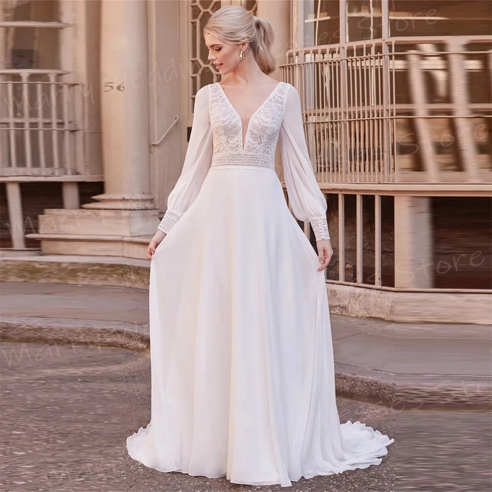 Robes de mariée dos nu à manches longues pour femmes, col en V fascinant, appliques en dentelle simples, mariée, tout ce qui est classique