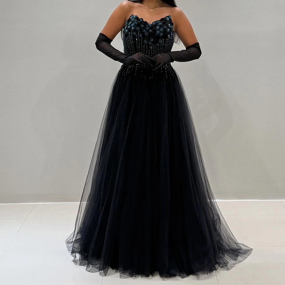 

Customized A-line Evening Dresses Floor-length Strapless Three Quarter Sleeve Prom Gown Fashion Sequined Crystal Party Gown