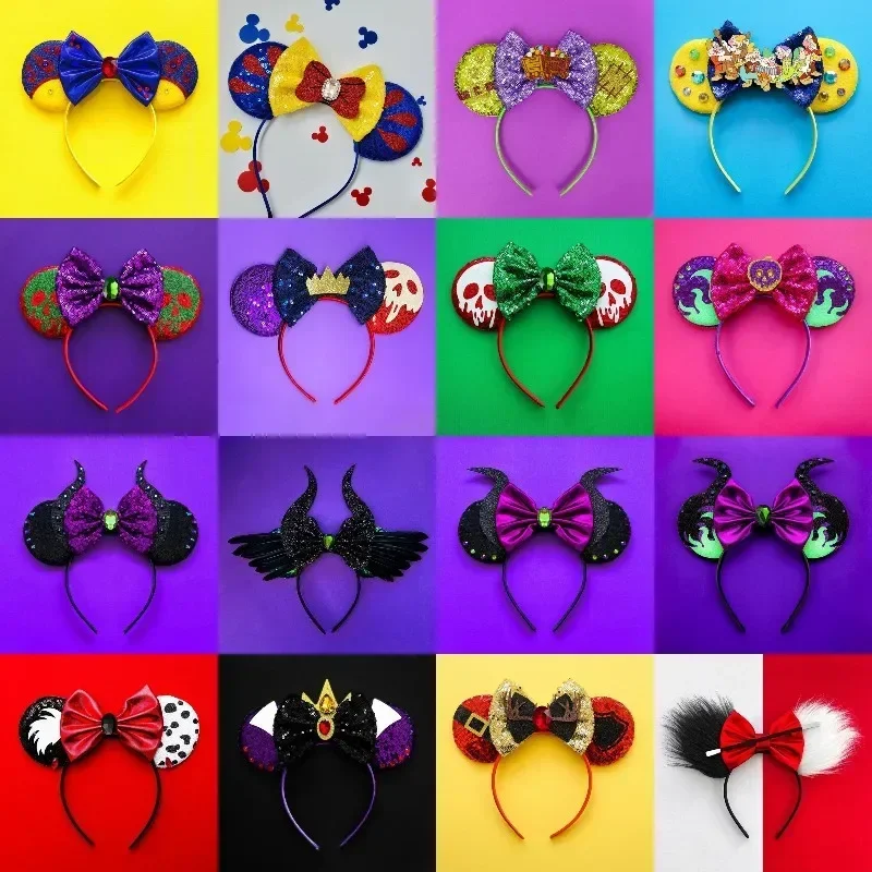 Disney Princess Snow White Hair Accessories For Women Sequins Skull Ears Headbands Kids Seven Dwarfs Hairband Girls Bow Headwear