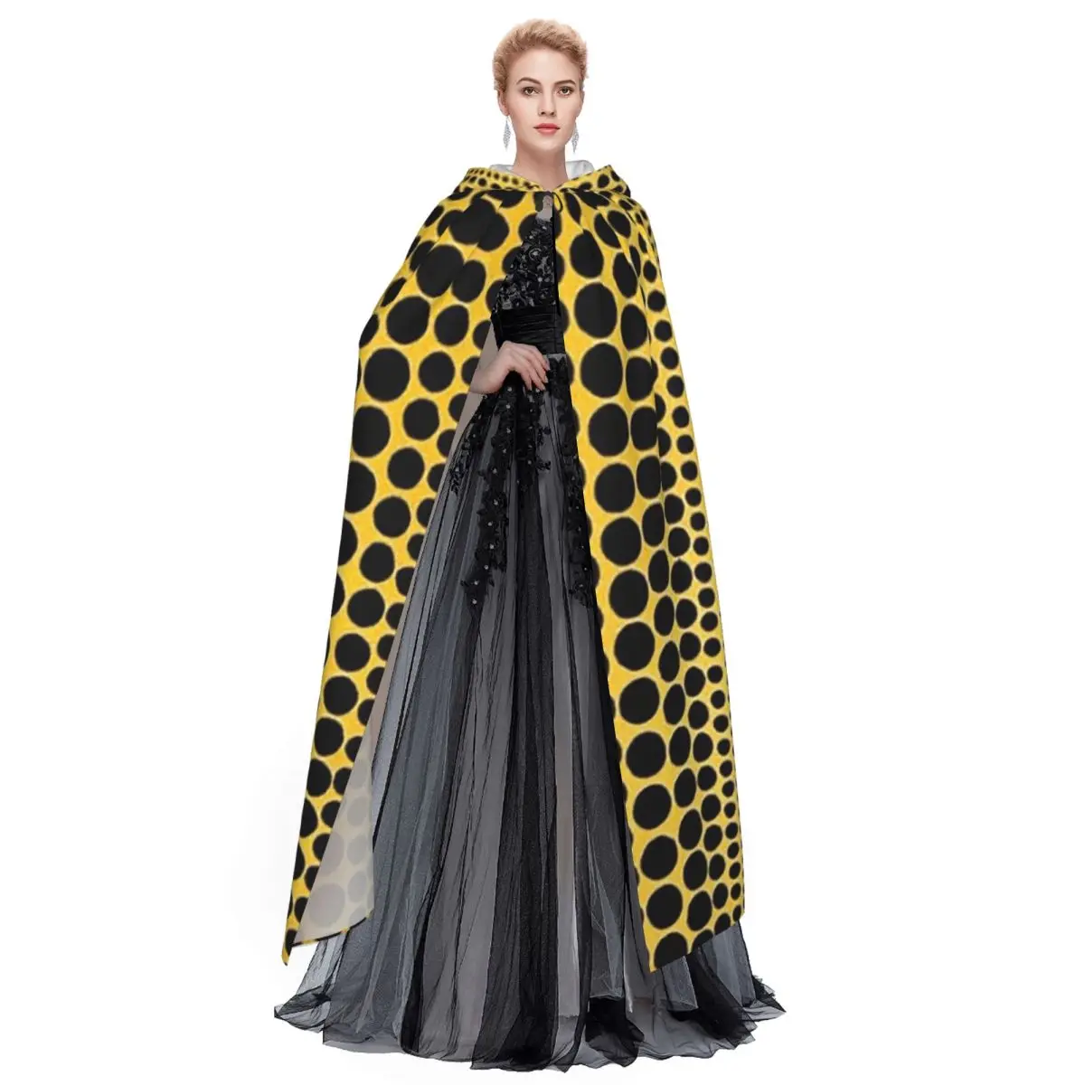 Yayoi Kusama Pumpkin Abstract Art Long Hooded Cloak Witch Medieval Costume Cosplay Cape HalloweenCoat Adult Unisex - view 4