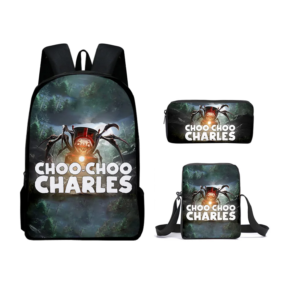 Классический популярный набор школьных сумок Choo-Choo Charles с 3D-принтом, 3 предмета: рюкзак для ноутбука, сумка через плечо, пенал.
