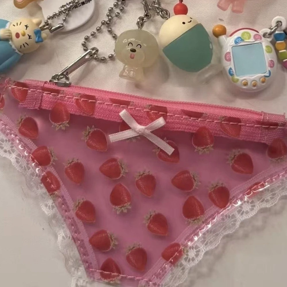 Pink Lace Coin Purse PVC Panties-Shaped Mini Storage Bag Zipper Strawberry Makeup Bag Women Wallet Party Gift Birthday Present