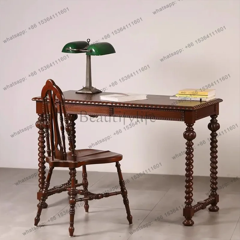 Zj. French retro solid wood desk villa living room engraving public writing desk