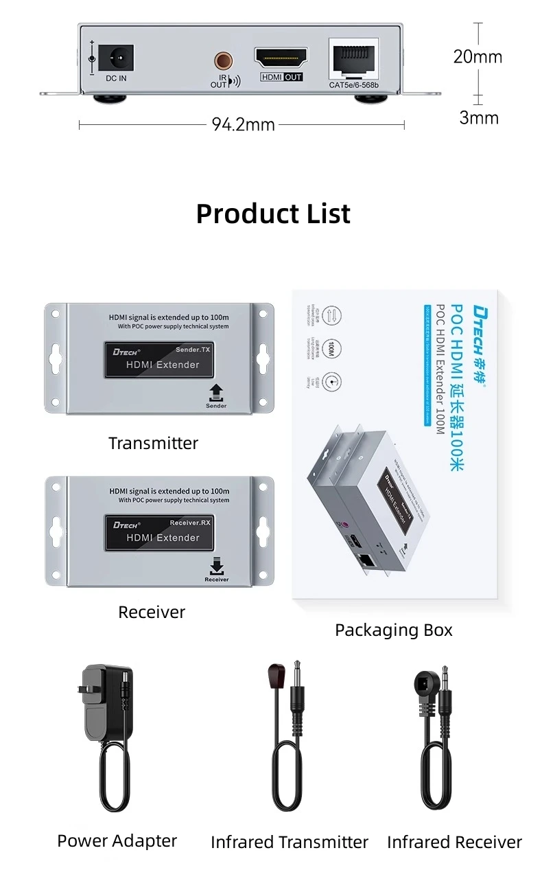 DTECH DT-7078(AM) Extensor HDMI POC de larga distancia de 100 M sobre Ethernet Cat5e/6 compatible con Full HD 1080P 60 Hz