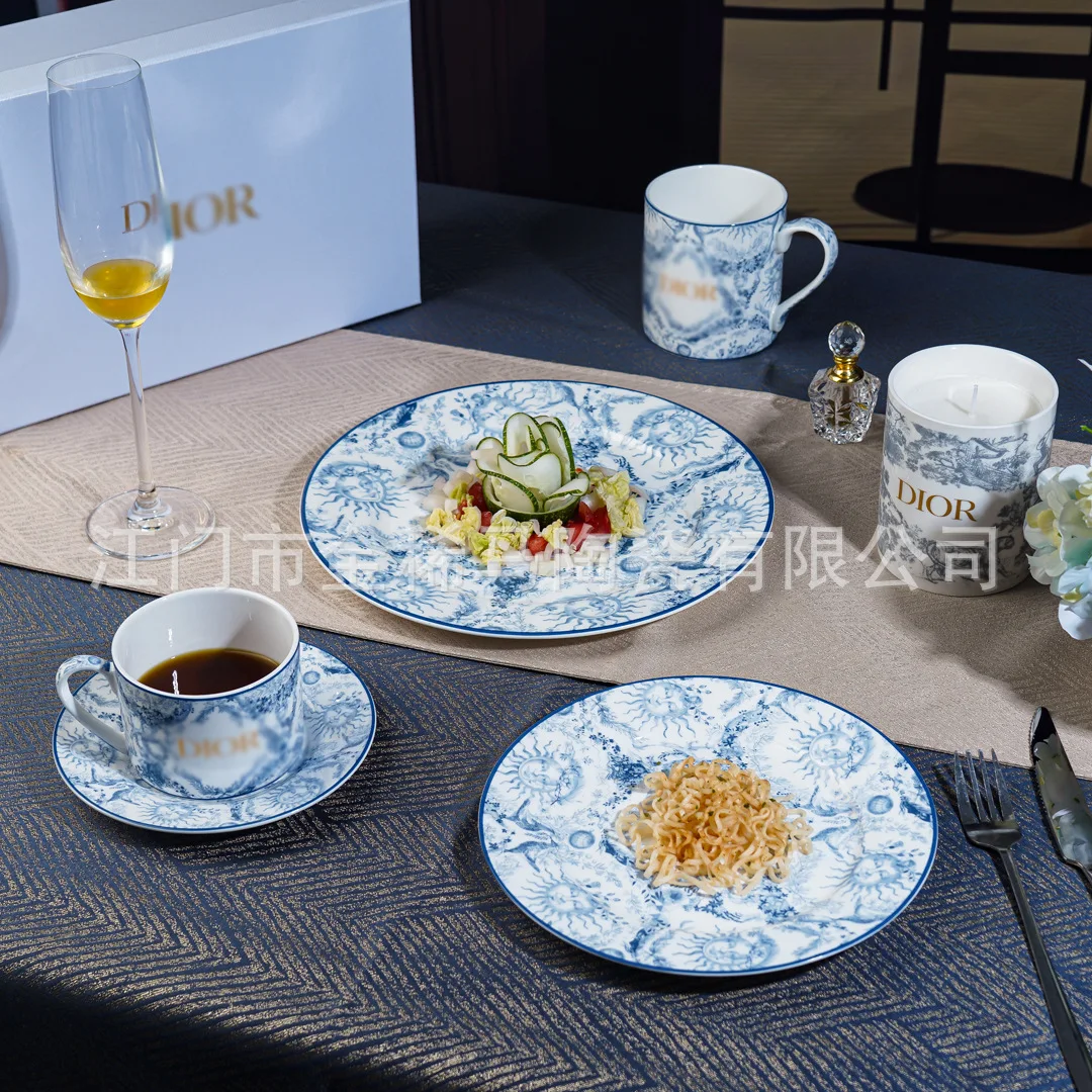 

DSA bone china western food plate blue and white hotel high-end serving plate retro home plate oven available