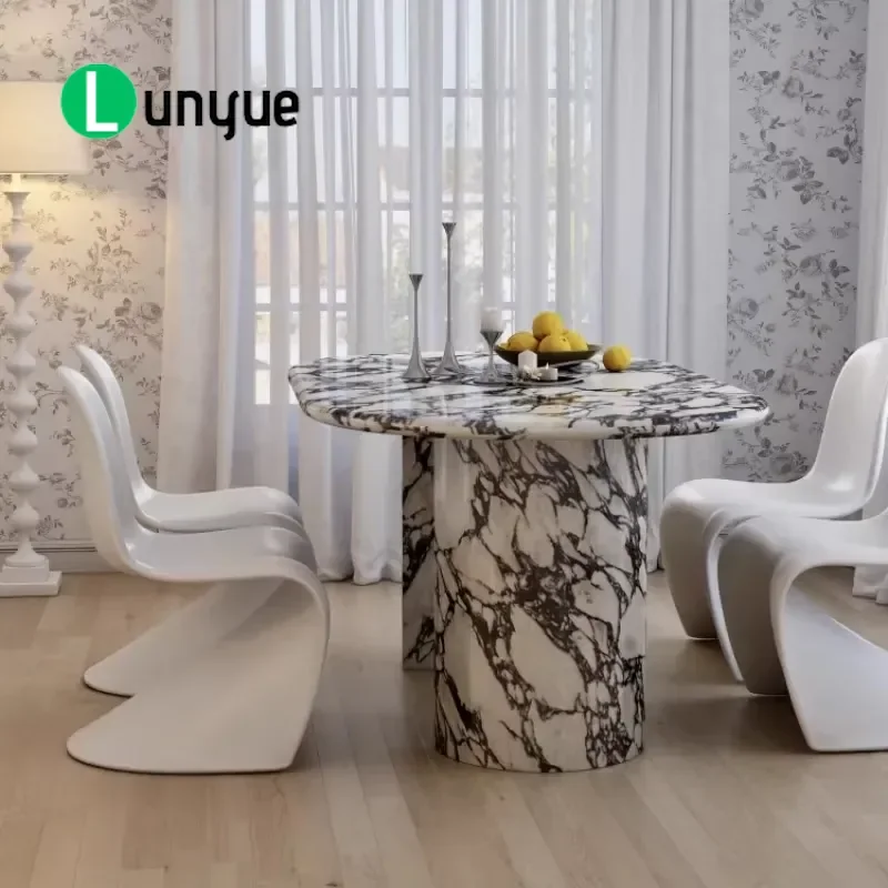 Modern Black White Marble Effect Oval Dining Table Sturdy Double Base for Family Apartment Cafe Home Kitchen Furniture