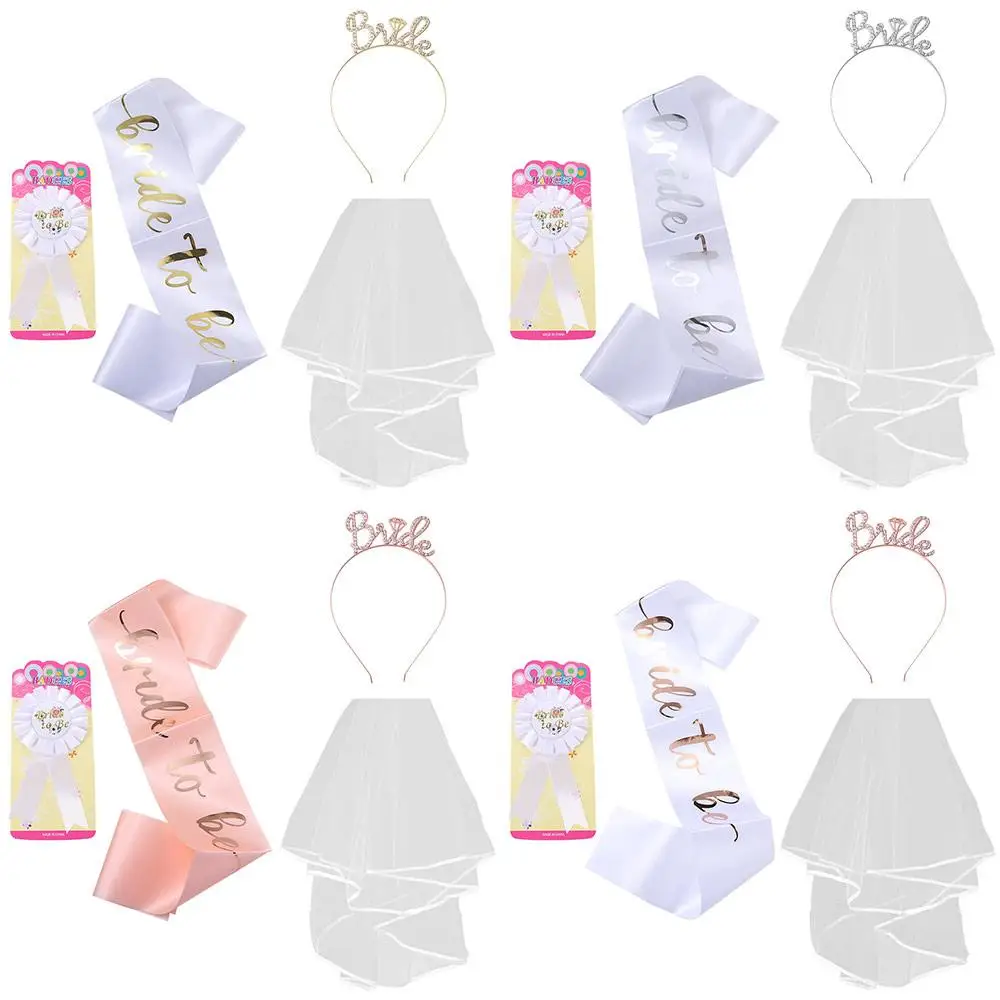 

4Pcs/set Badge Bride Shoulder Belt Veil Satin Sash Bridal Wedding Veil Double Bridal Veil Bridal Shower Crown