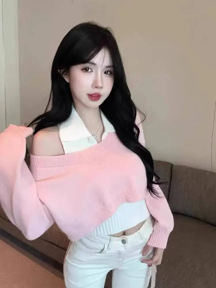 

Women's Crop Top Knitting Sweater 2026 Spring Women Set New Preppy Style Sweater Set Short Knit Two Piece Lazy Collared Top