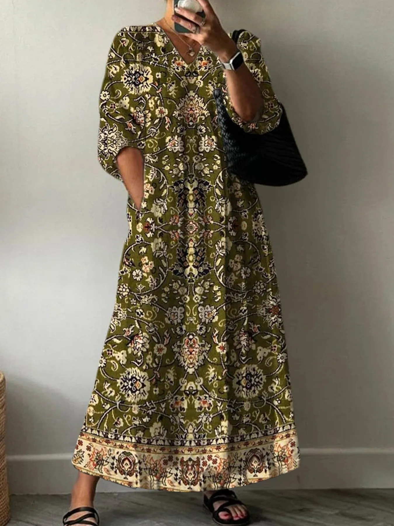 Primavera e outono vestido feminino moda casual com decote em v meados de manga floral macacão vestido longo