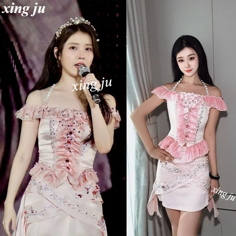 

Kpop Korean Singer Pink Halter Rhinestone Tops Sexy Pleated Short Skirt Jazz Dance Outfits Nightclub DJ Stage Dance Costumes