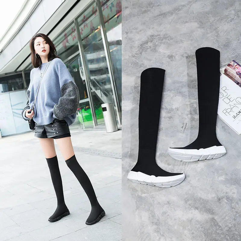 Sexy Sock Boots Knitting Stretch Boots Warm High Heels For Women Fashion Knee High Boots 2023 Spring Autumn Women Booties Female