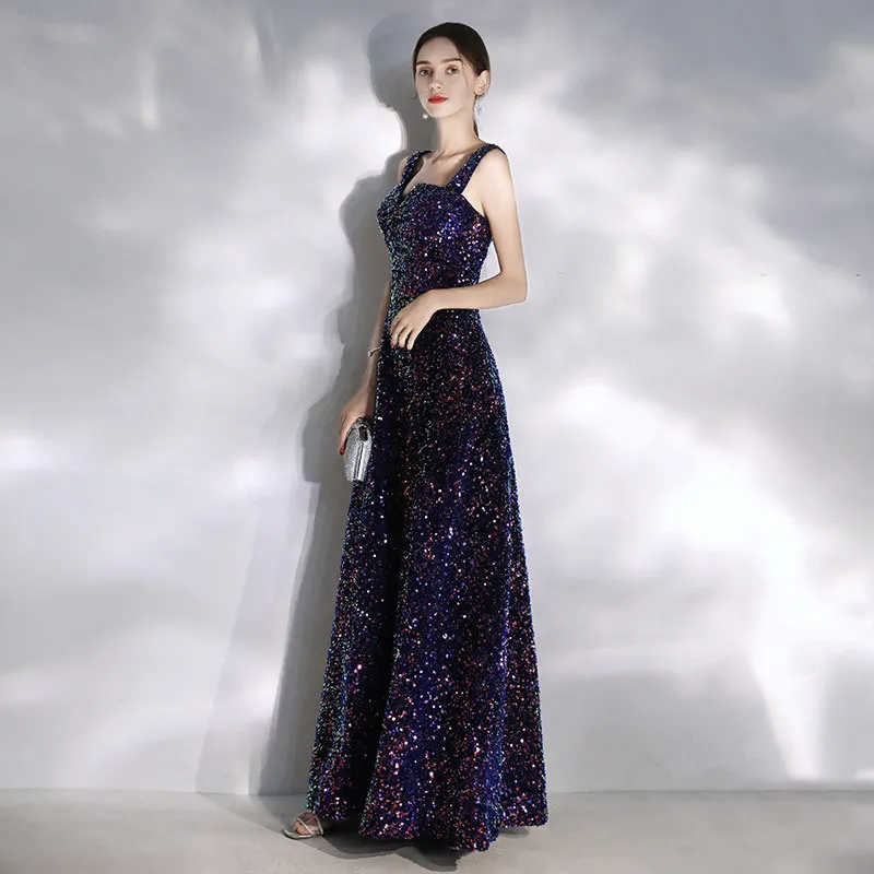 N1155 بنات بريق السباغيتي حزام فساتين السهرة النساء ساحة طوق الملابس الحلو الذاكرة الطابق طول بلا أكمام فستان حفلة موسيقية