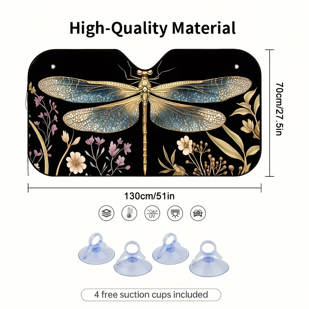 1pc Dragonfly Garden Magic Car Sun Visor - Fit Sun Glare Reduction Visor With Blue & Golden Dragonfly Floral Design, Elegant Car