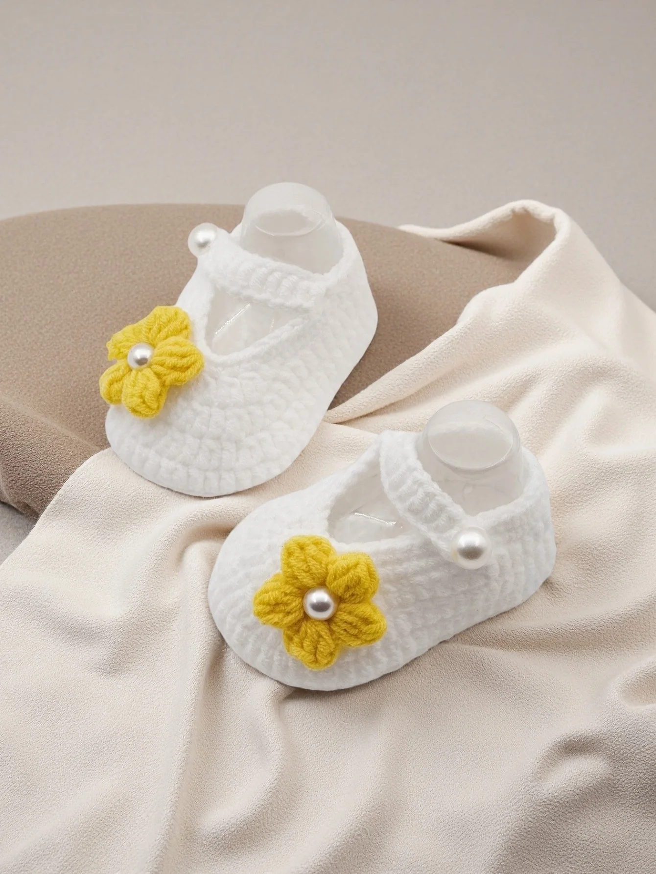 

1 Pair Baby Girls White Knit Booties with Yellow Flower, Pearl Button Ballet Style Crib Shoes