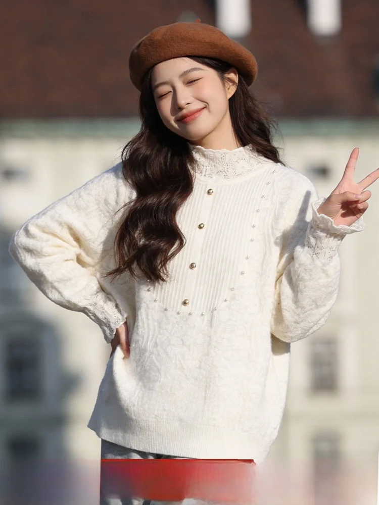 

Large Size Knitted Sweater with Embroidery for Women Base Layer Top with Lace Trim Spring New Style Vintage Floral Pattern
