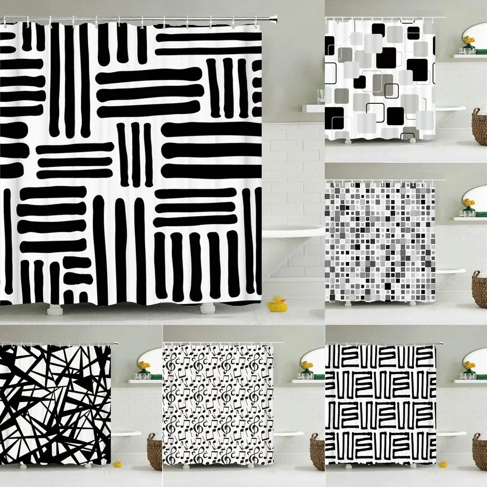 

Black White Geometry Shower Curtains Waterproof Bathroom Curtain 3d Polyester Modern with Hooks Large Bath Screen