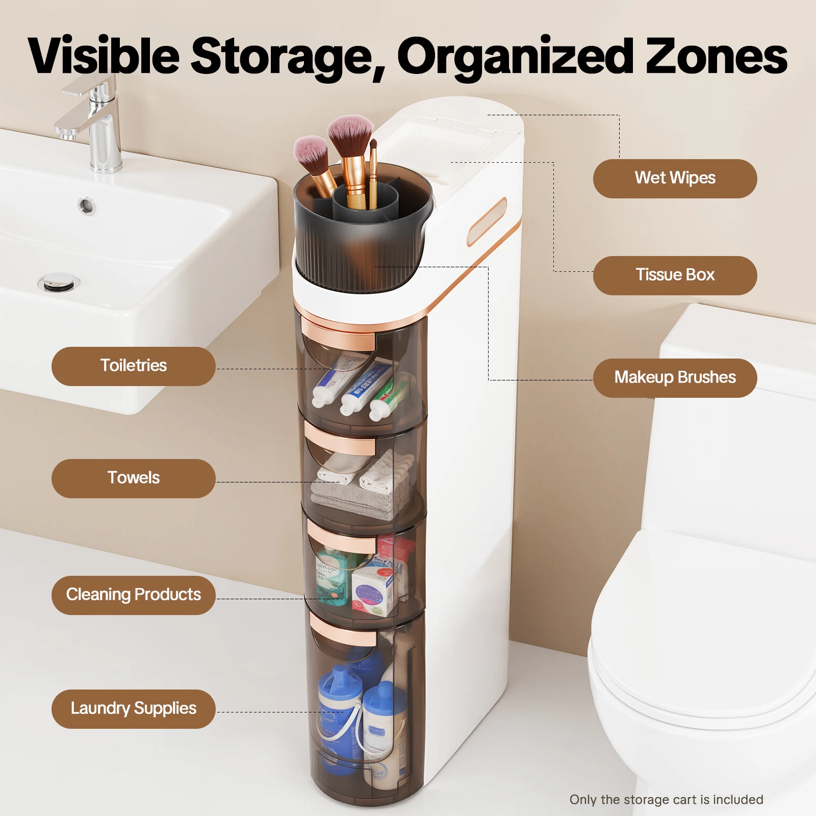 4-Drawer Narrow Slim Storage Cart, Narrow Bathroom Storage Cabinet, Space-Saving Tall Organizer Unit with Gold Rim, PP Material, Rustproof & Waterproof, Mobile with Silent Wheels, for Bathroom, Bedroom, Living Room, Office, Dorm