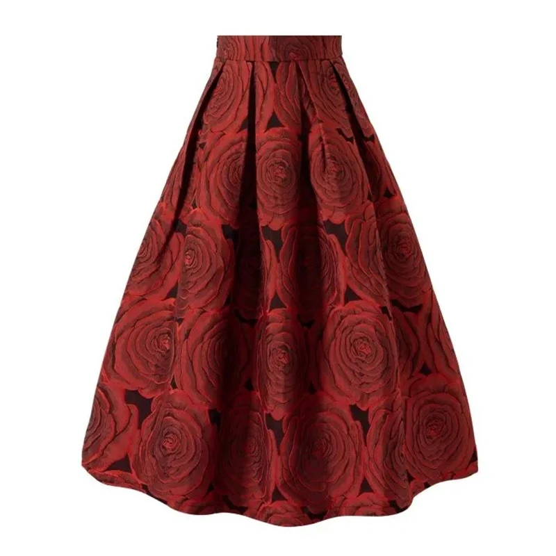 Wine Red Floral Vintage High Waist Ball Gown A-line Loose Women's Skirt Knee-Length Long Skirts For Women Clothing Fashion 2025