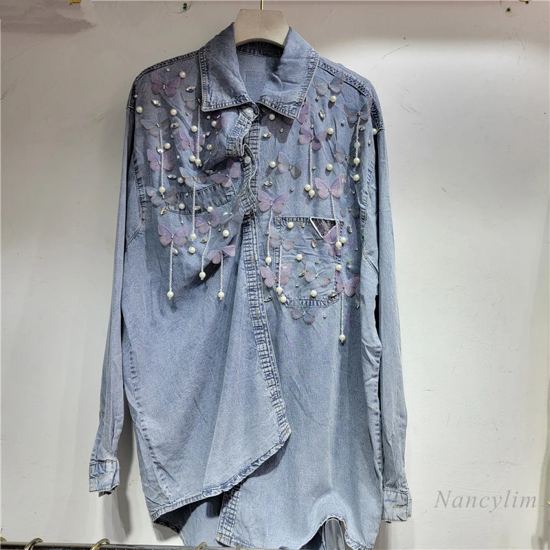 

European Street Light Color Denim Shirt Women's Loose Slimming Mid-Length Lapel Button Beaded Thin Denim Blouse Spring Summer