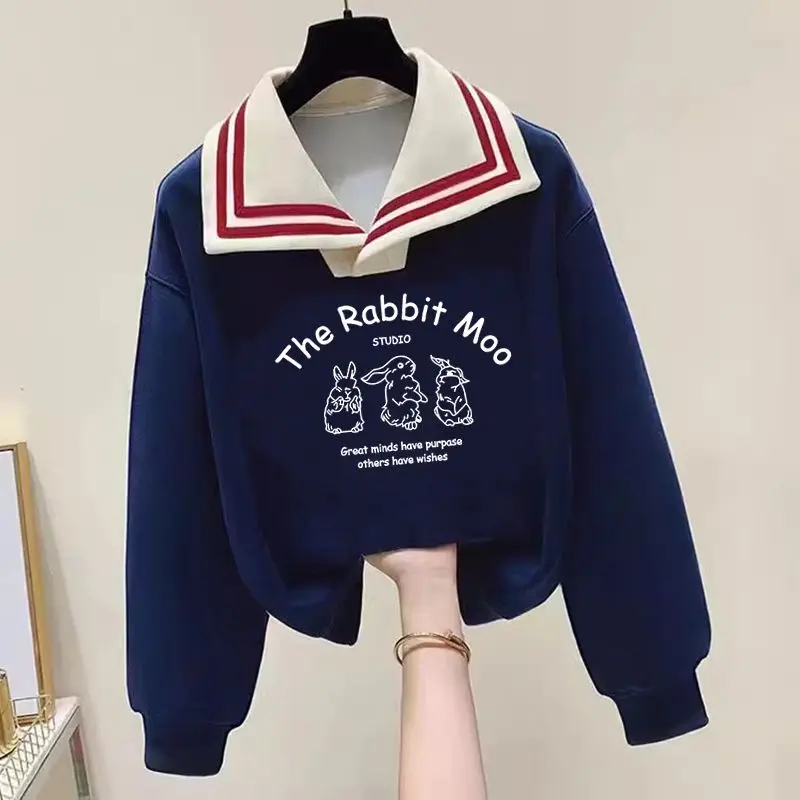 

Adorable Navy Collar Sweatshirt Loose Fit Turn-down Collar Junior High School Students Spring Autumn College Style Top for Girls