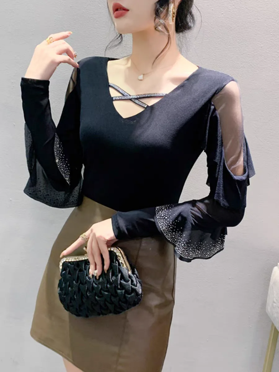 2024 Spring Summer T-shirts Women V-neck Ruffles Long Sleeve Solid Mesh Elastic Tops Tees Female Fashion Diamonds T Shirt