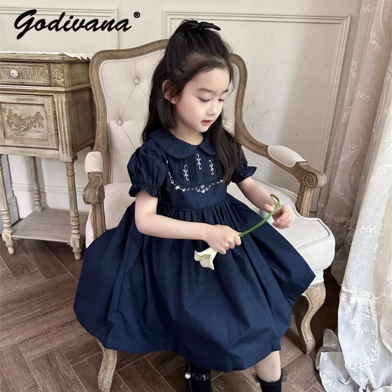 

2026 New Summer Vintage Elegant Dark Blue Cotton Dress Sweet Little Girls Embroidery Pleat Bow Puff Short-sleeve Casual Dresses