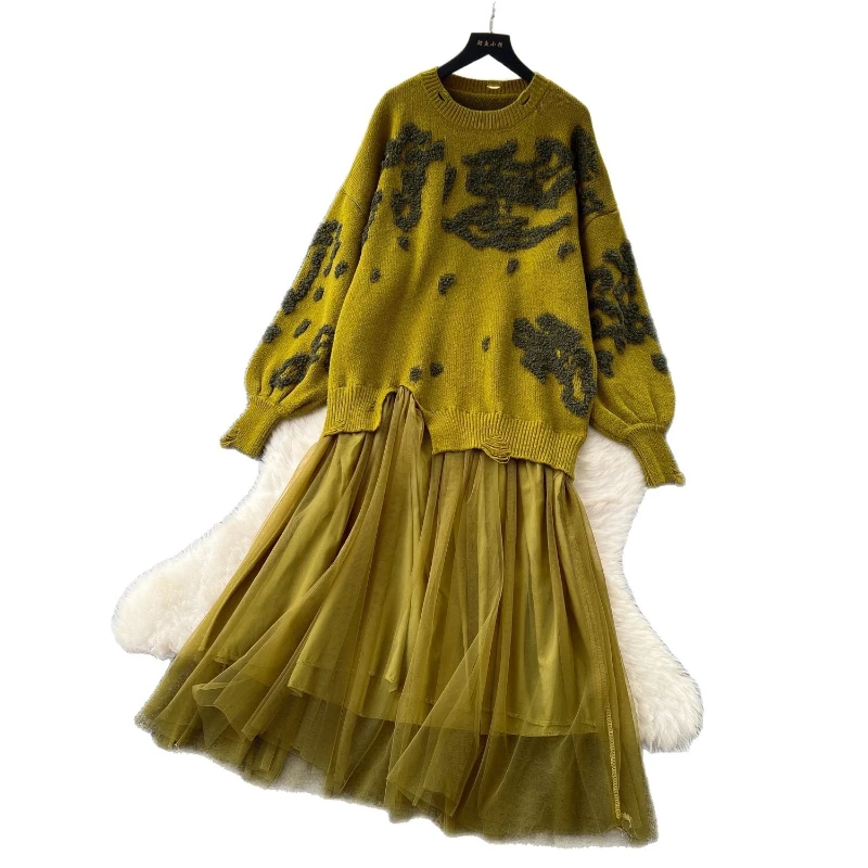 Lange jurk dames twee nep-jurken gebreid een lijn vestidos feestavond streetwear ronde hals volledige mouw elegant y2k werk