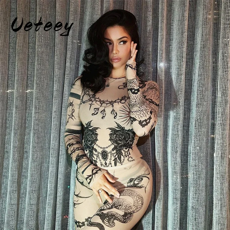 Ueteey Dragon Print Sexy Women Tracksuit See Through 2 Piece Set Hipster Crop Tops + Leggings Stretch Streetwear Matching Suit