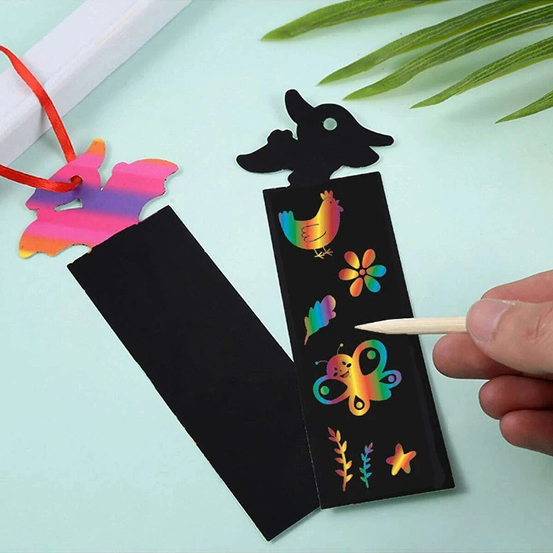 12pcs Magic Scratching Bookmarks with Ropes Hangable Children Creative Drawing Toys Graffiti colour Handmade DIY Art TMZ