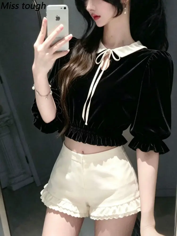 French Coquette Kawaii 2 Piece Set Women Velvet Bowknot Ruffle Tops + High Waist Shorts Slim Fit Elegant Daily Lolita Y2k Outfit
