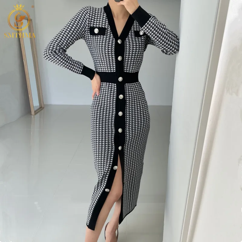 

2023 New Autumn Winter V-Meck Sweater Korea Chic Single-Breasted Houndstooth Knit Long Dress Vestidos