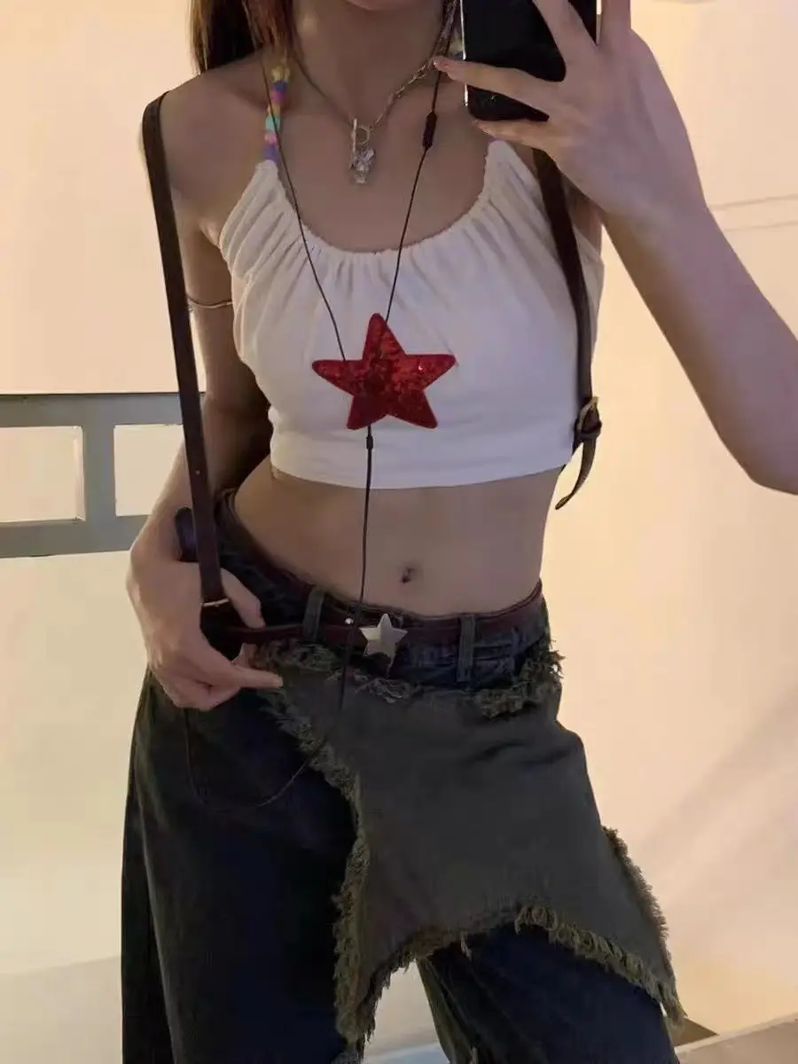 Bodycon רזה יבול העליון halter camis גרפי stroped harajuku figyne 2000s y2k grunge קוריאני בגדי קיץ tee