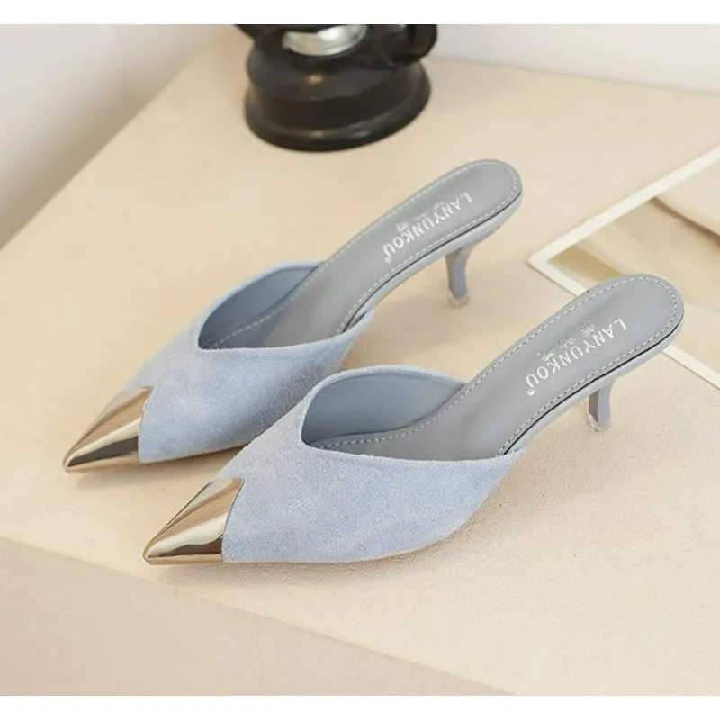 Summer Black Slides Mules Women's Slippers and Ladies Sandals High Up To Heel Shoes Job Leather on Promotion Footwear