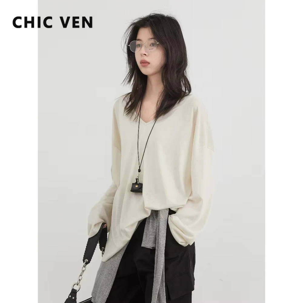 

CHIC VEN New Women T-Shirts Solid Loose Casual V-neck Long Sleeved Base Tees Thin Female Sun Protection Cover Spring Summer 2025
