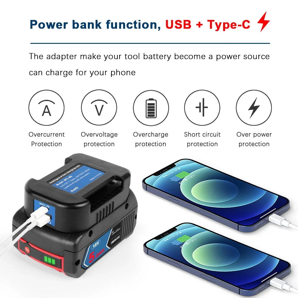 Adapter for BOSCH 18V battery with dual output Convert to power bank fast charging Portable rack batteries converter