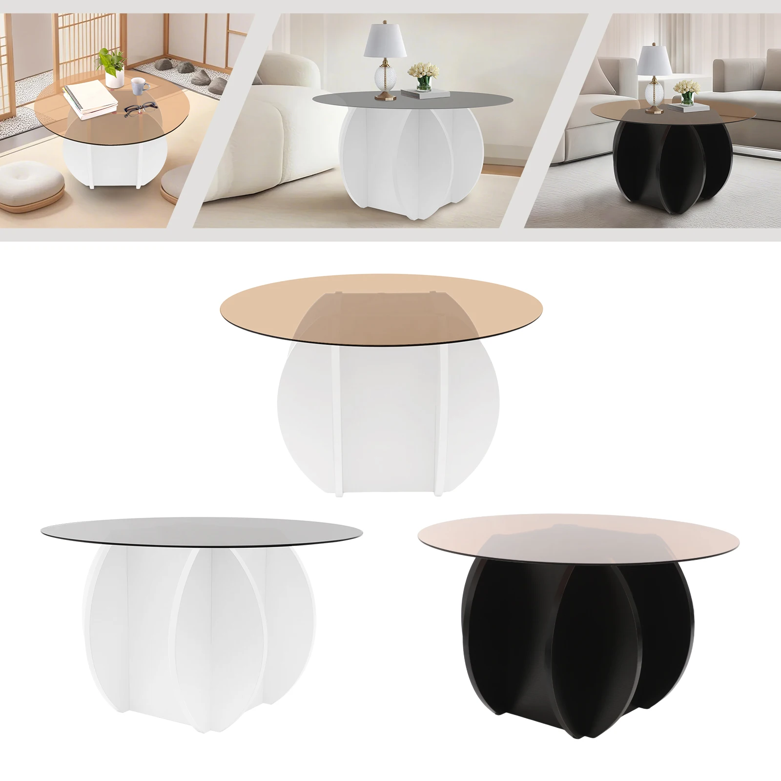 70cm ラウンドパーティクルボードコーヒーテーブル、ホワイト/ブラック/タウニーガラステーブルトップコーヒーテーブルオフィス、リビングルーム用フロアスタンディング