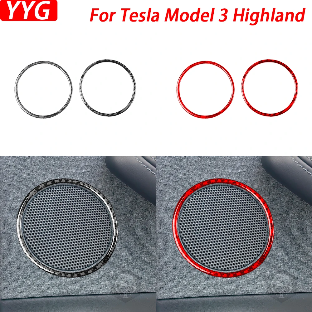 

Для Tesla Model 3 Highland 2024, углеродное волокно, аудиокольцо для задней двери, декоративная крышка, аксессуары для модификации салона автомобиля, наклейка