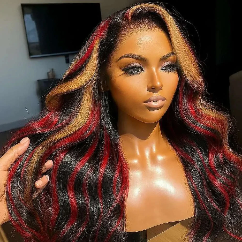 

13X6 HD Парики фронта шнурка Объемная волна Черный с красными блондинками Выделенный парик Свободная волна Парик Предварительно выщипанные кружевные фронтальные парики для женщин