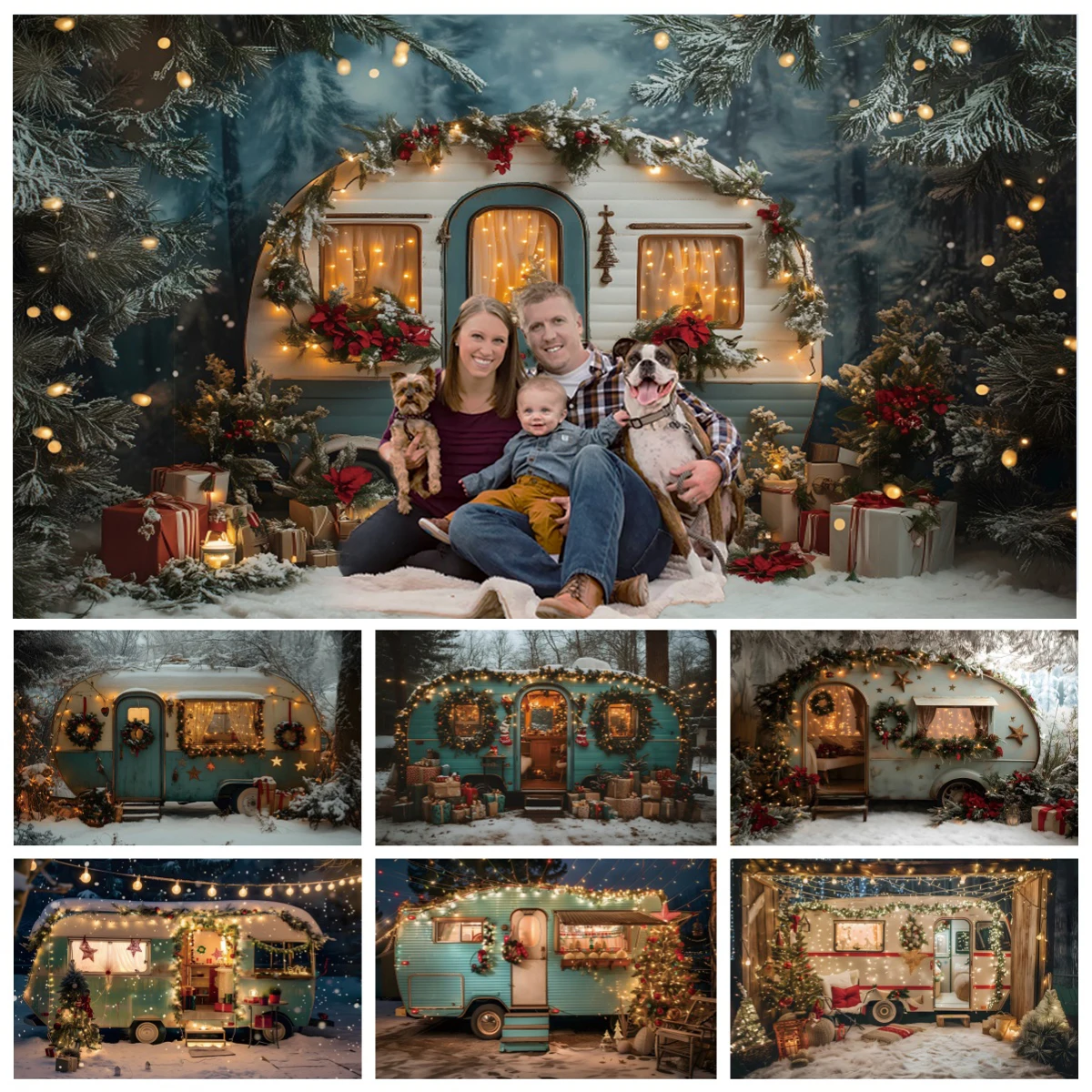 Winter Snowy Bus Christmas Background Photography Camping Forest Xmas Trees Kids Family Portrait Christmas Backdrop Photo Studio