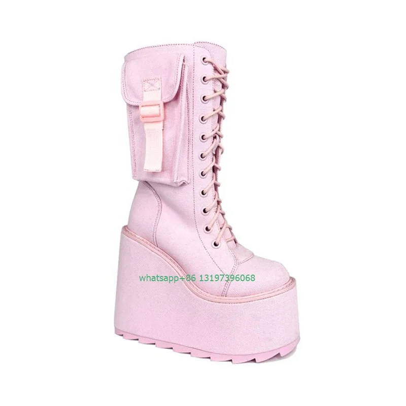 Lady pink Y2K style platform inner height top boots  canvas pocket design platform boots pink Mary Janes eleganboots size 35-46