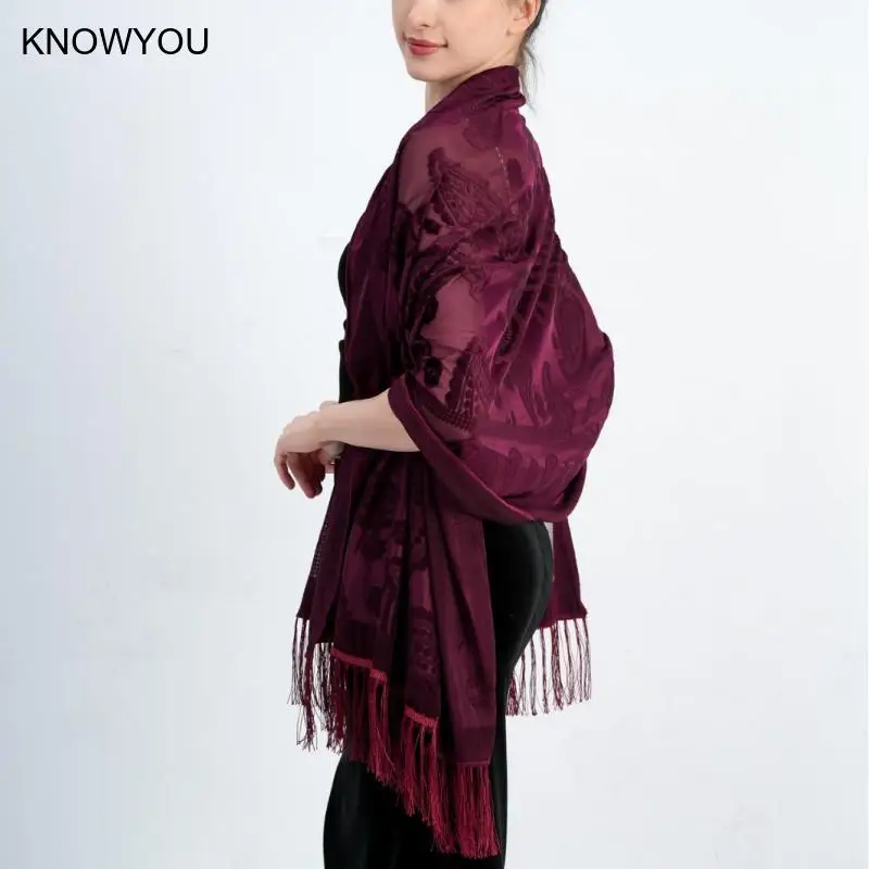 Burgundy Elegant Echarpe Ethnic Style Velvet Jacquard Shawl Versatile Long Fringed Fashion Scarf Warm Air Conditioner Pashmina