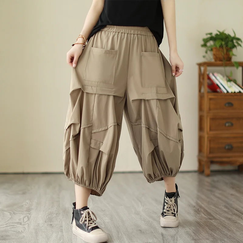 #2944 Summer Black Khaki Cargo Pants Women Multi-pockets Loose Streetwear Wide Leg Pants High Waist Asymmetrical Bloomers Pants