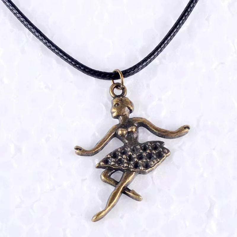 Vintage Antique Bronze Ballet Dancer Ballerina Pendant Necklace For Women Wax Cord Rope Necklace Girl Jewelry Ethnic Jewellery