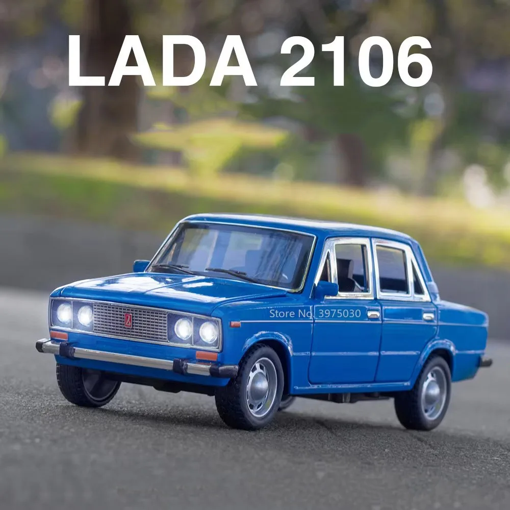 Modelos de coches de aleación LADA 2106, escala 1:24, juguete fundido a presión, vehículos ligeros con sonido, 4 puertas abiertas, coche Vintage, juguetes educativos para niños