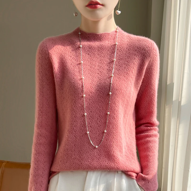 

autumn/winter 100% merino wool women's half-high-necked openwork jacquard long-sleeved knitted sweater loose knit fashion top